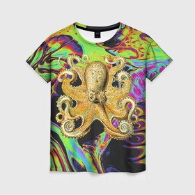 Женская футболка 3D с принтом Octopus Ink в Петрозаводске, 100% полиэфир ( синтетическое хлопкоподобное полотно) | прямой крой, круглый вырез горловины, длина до линии бедер | abstraction | acid | kraken | ocean | octopus | sea | море | осьминог