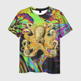 Мужская футболка 3D с принтом Octopus Ink в Петрозаводске, 100% полиэфир | прямой крой, круглый вырез горловины, длина до линии бедер | abstraction | acid | kraken | ocean | octopus | sea | море | осьминог