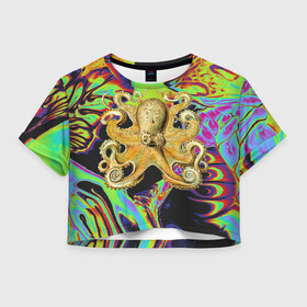 Женская футболка Crop-top 3D с принтом Octopus Ink в Петрозаводске, 100% полиэстер | круглая горловина, длина футболки до линии талии, рукава с отворотами | abstraction | acid | kraken | ocean | octopus | sea | море | осьминог