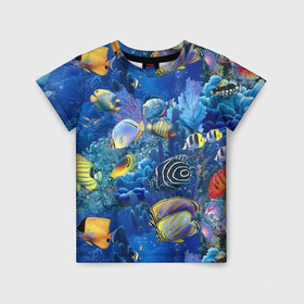 Детская футболка 3D с принтом Коралловые рыбки в Петрозаводске, 100% гипоаллергенный полиэфир | прямой крой, круглый вырез горловины, длина до линии бедер, чуть спущенное плечо, ткань немного тянется | дно морское | коралловые | кораллы | море | подводный мир | рыбки