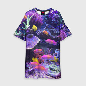 Детское платье 3D с принтом Коралловые рыбки в Петрозаводске, 100% полиэстер | прямой силуэт, чуть расширенный к низу. Круглая горловина, на рукавах — воланы | Тематика изображения на принте: дно морское | коралловые | кораллы | море | подводный мир | рыбки
