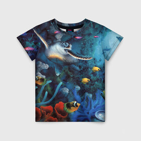Детская футболка 3D с принтом Морская черепаха в Петрозаводске, 100% гипоаллергенный полиэфир | прямой крой, круглый вырез горловины, длина до линии бедер, чуть спущенное плечо, ткань немного тянется | Тематика изображения на принте: коралловые | кораллы | море | морская черепаха | морские обитатели | океан | подводный мир | рыбки