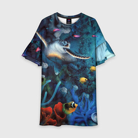 Детское платье 3D с принтом Морская черепаха в Петрозаводске, 100% полиэстер | прямой силуэт, чуть расширенный к низу. Круглая горловина, на рукавах — воланы | коралловые | кораллы | море | морская черепаха | морские обитатели | океан | подводный мир | рыбки
