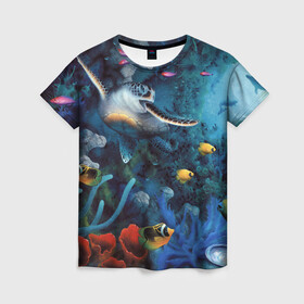 Женская футболка 3D с принтом Морская черепаха в Петрозаводске, 100% полиэфир ( синтетическое хлопкоподобное полотно) | прямой крой, круглый вырез горловины, длина до линии бедер | коралловые | кораллы | море | морская черепаха | морские обитатели | океан | подводный мир | рыбки