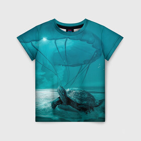 Детская футболка 3D с принтом Медуза и черепаха в Петрозаводске, 100% гипоаллергенный полиэфир | прямой крой, круглый вырез горловины, длина до линии бедер, чуть спущенное плечо, ткань немного тянется | Тематика изображения на принте: медуза | медуза в море | черепаха