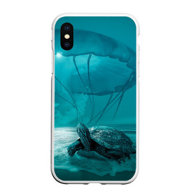 Чехол для iPhone XS Max матовый с принтом Медуза и черепаха в Петрозаводске, Силикон | Область печати: задняя сторона чехла, без боковых панелей | медуза | медуза в море | черепаха