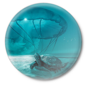 Значок с принтом Медуза и черепаха в Петрозаводске,  металл | круглая форма, металлическая застежка в виде булавки | медуза | медуза в море | черепаха