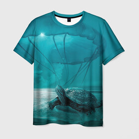Мужская футболка 3D с принтом Медуза и черепаха в Петрозаводске, 100% полиэфир | прямой крой, круглый вырез горловины, длина до линии бедер | медуза | медуза в море | черепаха