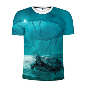 Мужская футболка 3D спортивная с принтом Медуза и черепаха в Петрозаводске, 100% полиэстер с улучшенными характеристиками | приталенный силуэт, круглая горловина, широкие плечи, сужается к линии бедра | медуза | медуза в море | черепаха