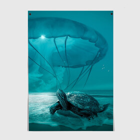 Постер с принтом Медуза и черепаха в Петрозаводске, 100% бумага
 | бумага, плотность 150 мг. Матовая, но за счет высокого коэффициента гладкости имеет небольшой блеск и дает на свету блики, но в отличии от глянцевой бумаги не покрыта лаком | медуза | медуза в море | черепаха