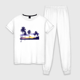 Женская пижама хлопок с принтом ПАЛЬМЫ в Петрозаводске, 100% хлопок | брюки и футболка прямого кроя, без карманов, на брюках мягкая резинка на поясе и по низу штанин | beach | ocean | palm trees | sea | summer | sun | sunset | vacation | закат | лето | море | океан | отдых | отпуск | пальмы | пляж | солнце