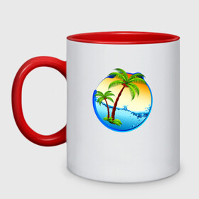 Кружка двухцветная с принтом palm beach в Петрозаводске, керамика | объем — 330 мл, диаметр — 80 мм. Цветная ручка и кайма сверху, в некоторых цветах — вся внутренняя часть | beach | ocean | palm trees | sea | summer | sun | sunset | vacation | закат | лето | море | океан | отдых | отпуск | пальмы | пляж | солнце