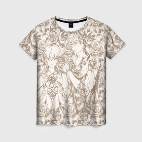 Женская футболка 3D с принтом Люмин и Тарталья в Петрозаводске, 100% полиэфир ( синтетическое хлопкоподобное полотно) | прямой крой, круглый вырез горловины, длина до линии бедер | chilumi | genshin | lumine | tartaglia | люмин | тарталья
