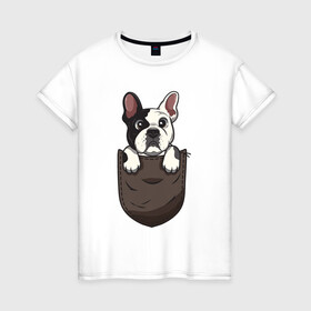 Женская футболка хлопок с принтом Карманный пёс в Петрозаводске, 100% хлопок | прямой крой, круглый вырез горловины, длина до линии бедер, слегка спущенное плечо | бульдог | дог | карман | пес | собака