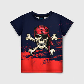 Детская футболка 3D с принтом Череп пират в Петрозаводске, 100% гипоаллергенный полиэфир | прямой крой, круглый вырез горловины, длина до линии бедер, чуть спущенное плечо, ткань немного тянется | Тематика изображения на принте: арт | бандана | кости | море | пират | скелет | череп