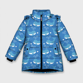 Зимняя куртка для девочек 3D с принтом Киты паттерн в Петрозаводске, ткань верха — 100% полиэстер; подклад — 100% полиэстер, утеплитель — 100% полиэстер. | длина ниже бедра, удлиненная спинка, воротник стойка и отстегивающийся капюшон. Есть боковые карманы с листочкой на кнопках, утяжки по низу изделия и внутренний карман на молнии. 

Предусмотрены светоотражающий принт на спинке, радужный светоотражающий элемент на пуллере молнии и на резинке для утяжки. | whale | бесшовный | кит | киты | море | океан | паттерн