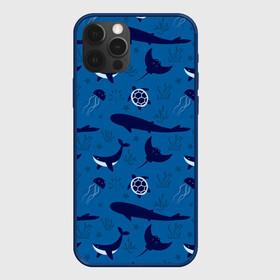 Чехол для iPhone 12 Pro с принтом Подводный мир в Петрозаводске, силикон | область печати: задняя сторона чехла, без боковых панелей | Тематика изображения на принте: whale | акулы | кит | киты | медуза | медузы | море | морские | океан | паттерн | подводный | скаты | черепаха | черепахами