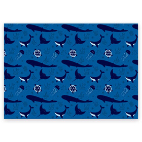 Поздравительная открытка с принтом Подводный мир в Петрозаводске, 100% бумага | плотность бумаги 280 г/м2, матовая, на обратной стороне линовка и место для марки
 | Тематика изображения на принте: whale | акулы | кит | киты | медуза | медузы | море | морские | океан | паттерн | подводный | скаты | черепаха | черепахами
