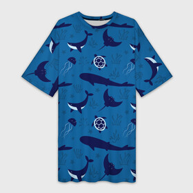 Платье-футболка 3D с принтом Подводный мир в Петрозаводске,  |  | whale | акулы | кит | киты | медуза | медузы | море | морские | океан | паттерн | подводный | скаты | черепаха | черепахами