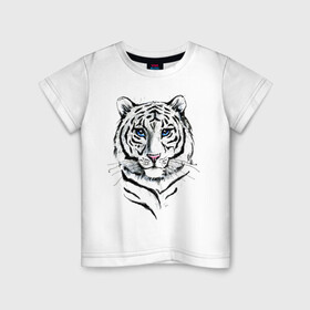 Детская футболка хлопок с принтом Белый тигр в Петрозаводске, 100% хлопок | круглый вырез горловины, полуприлегающий силуэт, длина до линии бедер | Тематика изображения на принте: альфа | белый | дикие | дикий | животные | звери | зверь | кот | котик | крутой | полоски | принт | природа | самец | тигр | тигриныйкрасивый