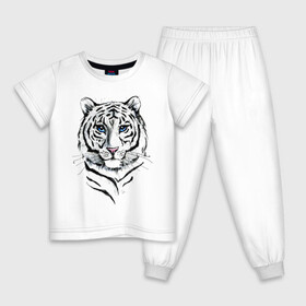 Детская пижама хлопок с принтом Белый тигр в Петрозаводске, 100% хлопок |  брюки и футболка прямого кроя, без карманов, на брюках мягкая резинка на поясе и по низу штанин
 | Тематика изображения на принте: альфа | белый | дикие | дикий | животные | звери | зверь | кот | котик | крутой | полоски | принт | природа | самец | тигр | тигриныйкрасивый