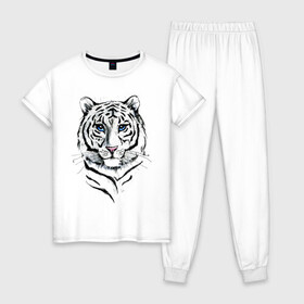 Женская пижама хлопок с принтом Белый тигр в Петрозаводске, 100% хлопок | брюки и футболка прямого кроя, без карманов, на брюках мягкая резинка на поясе и по низу штанин | альфа | белый | дикие | дикий | животные | звери | зверь | кот | котик | крутой | полоски | принт | природа | самец | тигр | тигриныйкрасивый