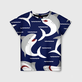 Детская футболка 3D с принтом Акулы в Петрозаводске, 100% гипоаллергенный полиэфир | прямой крой, круглый вырез горловины, длина до линии бедер, чуть спущенное плечо, ткань немного тянется | shark | акула | акуленок | акулы | жители | клыки | море | морские | океан | рыба | черные