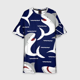 Детское платье 3D с принтом Акулы в Петрозаводске, 100% полиэстер | прямой силуэт, чуть расширенный к низу. Круглая горловина, на рукавах — воланы | Тематика изображения на принте: shark | акула | акуленок | акулы | жители | клыки | море | морские | океан | рыба | черные
