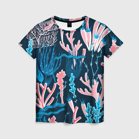 Женская футболка 3D с принтом Подводный мир в Петрозаводске, 100% полиэфир ( синтетическое хлопкоподобное полотно) | прямой крой, круглый вырез горловины, длина до линии бедер | colorful | coral | deep | sea | seamless | seaweed | водоросли | глубокий | коралл | красочный | паттерн | подводный мир