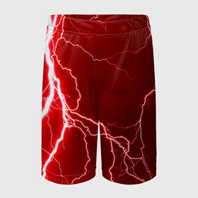 Детские спортивные шорты 3D с принтом Red Lightning в Петрозаводске,  100% полиэстер
 | пояс оформлен широкой мягкой резинкой, ткань тянется
 | Тематика изображения на принте: energy | fire | lightning | storm | thunder