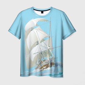Мужская футболка 3D с принтом The white wanderer в Петрозаводске, 100% полиэфир | прямой крой, круглый вырез горловины, длина до линии бедер | ocean | sea | ship | волны | океан | парусник