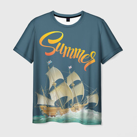 Мужская футболка 3D с принтом Summer by the sea в Петрозаводске, 100% полиэфир | прямой крой, круглый вырез горловины, длина до линии бедер | ocean | sea | ship | summer | волны | океан | парусник