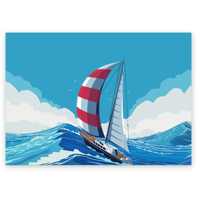 Поздравительная открытка с принтом ПАРУСНИК В МОРЕ | ЛЮБЛЮ МОРЕ (Z) в Петрозаводске, 100% бумага | плотность бумаги 280 г/м2, матовая, на обратной стороне линовка и место для марки
 | boat | sailboat | ship | ships | в море | кораблик | кораблики | корабль | красный парус | лодка | лодочка на синем | люблю море | море | мореход | одинокая лодка | океан | оригами | парус | парусник | судно | яхта