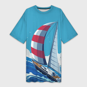 Платье-футболка 3D с принтом ПАРУСНИК В МОРЕ | SAILBOAT (Z) в Петрозаводске,  |  | boat | sailboat | ship | ships | в море | кораблик | кораблики | корабль | красный парус | лодка | лодочка на синем | люблю море | море | мореход | одинокая лодка | океан | оригами | парус | парусник | судно | яхта