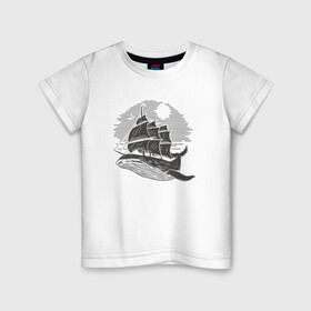 Детская футболка хлопок с принтом КИТ ФРЕГАТ WHALE FRIGATE (Z) в Петрозаводске, 100% хлопок | круглый вырез горловины, полуприлегающий силуэт, длина до линии бедер | boat | frigate | mastodon | rorqual | sailboat | ship | ships | whale | бумага | кит | китовый | кораблик | кораблики | корабль | левиафан | лодка | мастак | мастодонт | мореход | одинокая лодка | парусник | столп | судно | фрегат