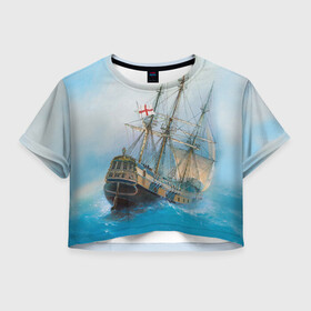 Женская футболка Crop-top 3D с принтом The Sea Devil в Петрозаводске, 100% полиэстер | круглая горловина, длина футболки до линии талии, рукава с отворотами | ocean | sea | ship | summer | волны | океан | парусник