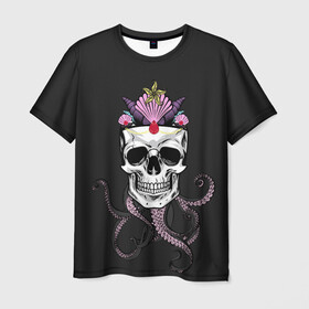 Мужская футболка 3D с принтом Octo-Queen в Петрозаводске, 100% полиэфир | прямой крой, круглый вырез горловины, длина до линии бедер | Тематика изображения на принте: abyss | crown | depth | ocean | octopus | queen | sea | shell | skull | water | вода | глубина | королева | корона | море | океан | осьминог | пучина | ракушка | череп