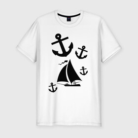 Мужская футболка хлопок Slim с принтом Яхта в Петрозаводске, 92% хлопок, 8% лайкра | приталенный силуэт, круглый вырез ворота, длина до линии бедра, короткий рукав | корабль | паруса | парусник | судно | якорь | яхта