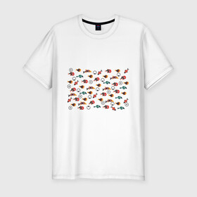 Мужская футболка хлопок Slim с принтом Цветные рыбки в Петрозаводске, 92% хлопок, 8% лайкра | приталенный силуэт, круглый вырез ворота, длина до линии бедра, короткий рукав | лето | морские жители | популярные иллюстрации | рыбки на белом | рыбы | цветные рыбки