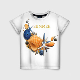Детская футболка 3D с принтом Summer в Петрозаводске, 100% гипоаллергенный полиэфир | прямой крой, круглый вырез горловины, длина до линии бедер, чуть спущенное плечо, ткань немного тянется | summer | лето | морская звезда | надписи о лете | популярные иллюстрации | ракушки