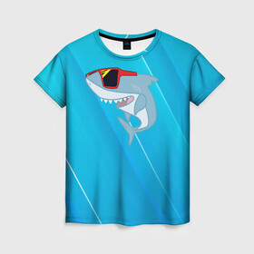 Женская футболка 3D с принтом Акула в очках в Петрозаводске, 100% полиэфир ( синтетическое хлопкоподобное полотно) | прямой крой, круглый вырез горловины, длина до линии бедер | shark | акула | акуленок | акулы | жители | клыки | море | морские | океан | очки | рыба | черные