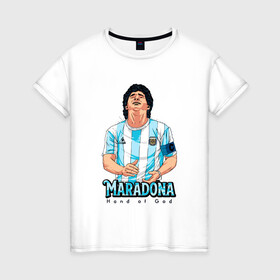 Женская футболка хлопок с принтом Марадона - Рука Бога в Петрозаводске, 100% хлопок | прямой крой, круглый вырез горловины, длина до линии бедер, слегка спущенное плечо | argentina | maradona | messi | sport | аргентина | гол | диего | марадона | месси | мяч | рука бога | спорт | футбол | чемпион