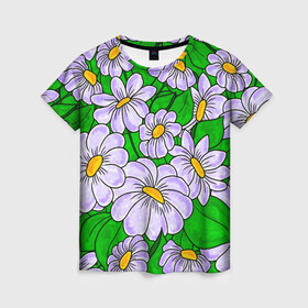 Женская футболка 3D с принтом Цветы Лавандовые ромашки в Петрозаводске, 100% полиэфир ( синтетическое хлопкоподобное полотно) | прямой крой, круглый вырез горловины, длина до линии бедер | chamomile | flowers | summer | акварельные | бабочки | бутоны | весна | ветки | дача | девушкам | красочные | лепестки | лес | летний | лето | листья | отпуск | поляна | природа | растения | ромашки | сад | солнце