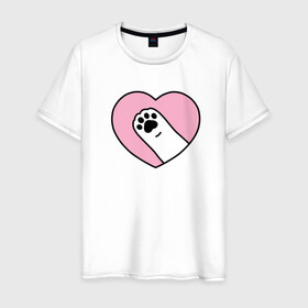 Мужская футболка хлопок с принтом Любимая лапа в Петрозаводске, 100% хлопок | прямой крой, круглый вырез горловины, длина до линии бедер, слегка спущенное плечо. | cat | домашнее животное | кот | кошка | лапа | любовь | сердце