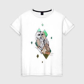 Женская футболка хлопок с принтом Owl rhombus в Петрозаводске, 100% хлопок | прямой крой, круглый вырез горловины, длина до линии бедер, слегка спущенное плечо | геометрия | графика | природа | птицы | реализм | рисунок | ромб | ручная рисовка | сова