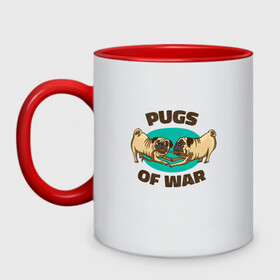 Кружка двухцветная с принтом Pugs of War - Мопсы войны в Петрозаводске, керамика | объем — 330 мл, диаметр — 80 мм. Цветная ручка и кайма сверху, в некоторых цветах — вся внутренняя часть | art | cute pugs | english | funny art | game | god of war | parody | pug | английская надпись | год оф вар | игра | иллюстрация | канат | милые мопсы | мопс | мопсики | пародия | перетягивание каната | прикол | пуг | пугель | рисунок