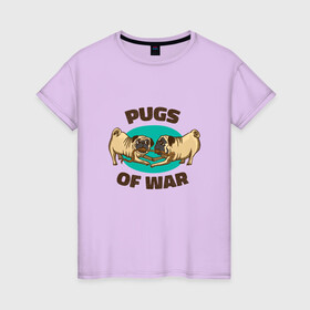 Женская футболка хлопок с принтом Pugs of War - Мопсы войны в Петрозаводске, 100% хлопок | прямой крой, круглый вырез горловины, длина до линии бедер, слегка спущенное плечо | art | cute pugs | english | funny art | game | god of war | parody | pug | английская надпись | год оф вар | игра | иллюстрация | канат | милые мопсы | мопс | мопсики | пародия | перетягивание каната | прикол | пуг | пугель | рисунок