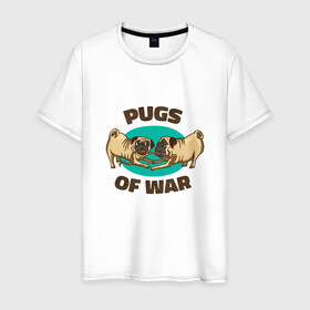 Мужская футболка хлопок с принтом Pugs of War - Мопсы войны в Петрозаводске, 100% хлопок | прямой крой, круглый вырез горловины, длина до линии бедер, слегка спущенное плечо. | art | cute pugs | english | funny art | game | god of war | parody | pug | английская надпись | год оф вар | игра | иллюстрация | канат | милые мопсы | мопс | мопсики | пародия | перетягивание каната | прикол | пуг | пугель | рисунок