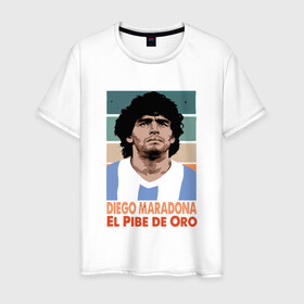 Мужская футболка хлопок с принтом Maradona - El Pibe De Oro в Петрозаводске, 100% хлопок | прямой крой, круглый вырез горловины, длина до линии бедер, слегка спущенное плечо. | argentina | maradona | messi | sport | аргентина | гол | диего | марадона | месси | мяч | рука бога | спорт | футбол | чемпион