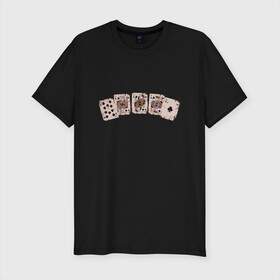 Мужская футболка хлопок Slim с принтом Royal Flush Флеш Роял Покер в Петрозаводске, 92% хлопок, 8% лайкра | приталенный силуэт, круглый вырез ворота, длина до линии бедра, короткий рукав | art | cards | casino | king | play cards | poker | retro | texas hold em | vintage | арт | валет | винтаж | дама | игральные карты | иллюстрация | казино | комбинация | король | ретро | старые карты | техасский холд | туз | флеш рояль